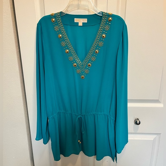 🟡MICHAEL KORS LOVED AUTHENTIC TEAL EMBELLISHED TUNIC V-NECK EMBELLISHED BLOUSE - Picture 1 of 14